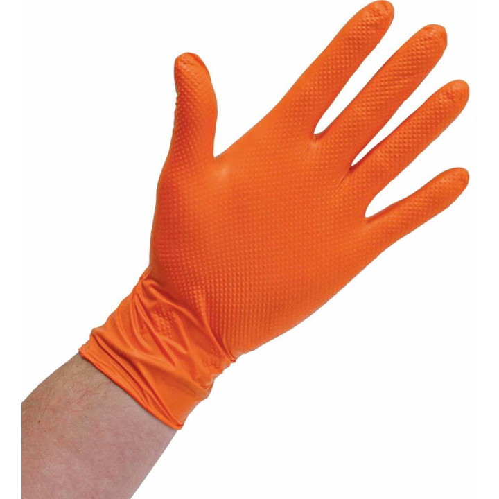 Gants jetables nitrile orange renforcés et texturés en diamant