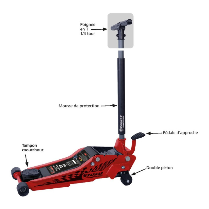 Cric rouleur 3T avec pédale double piston et roues en nylon 95/515mm longueur 772mm 52546